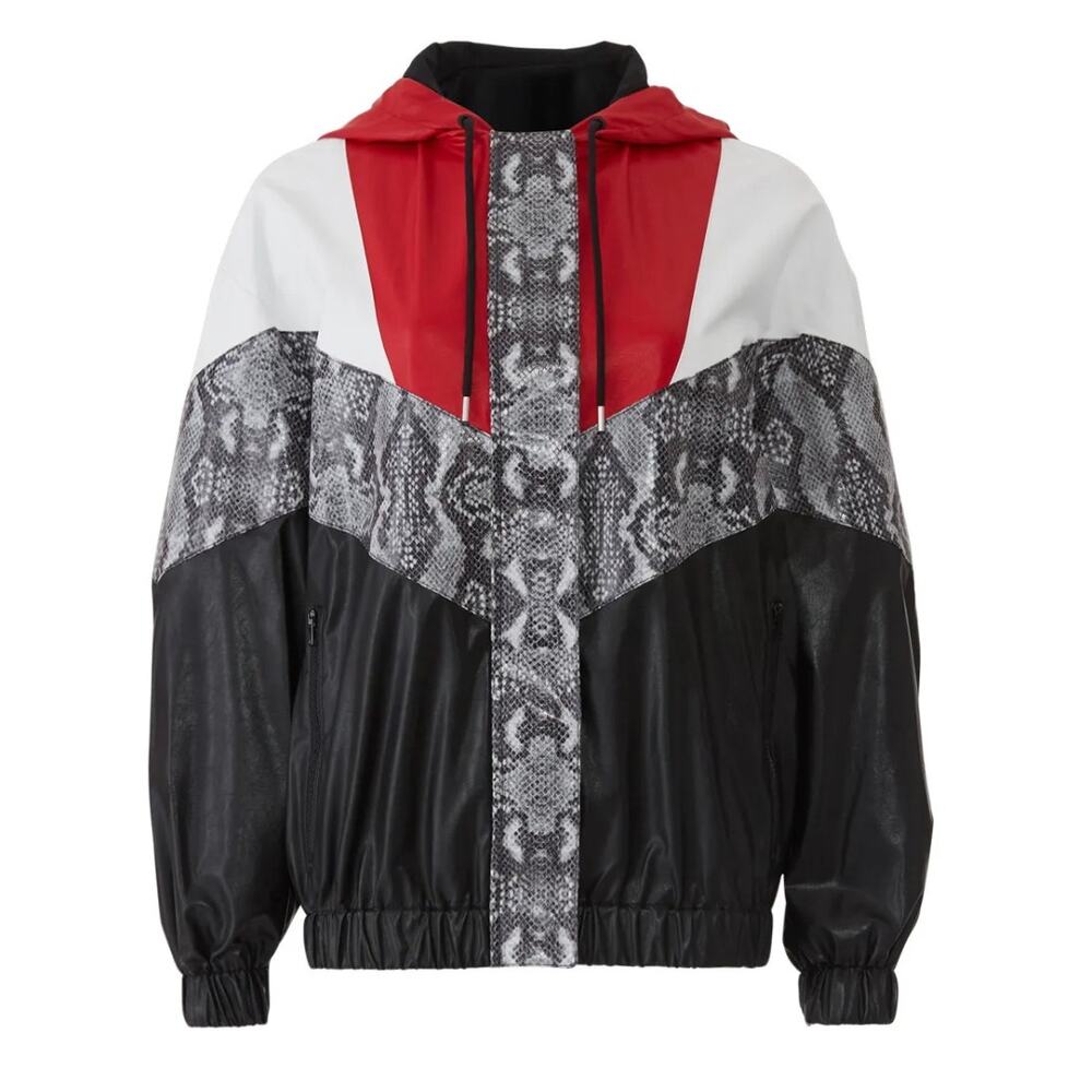 MSGM Faux Leather Sz 10 Large Snake Print Bomber Jacket IT 44 Black Red Designer